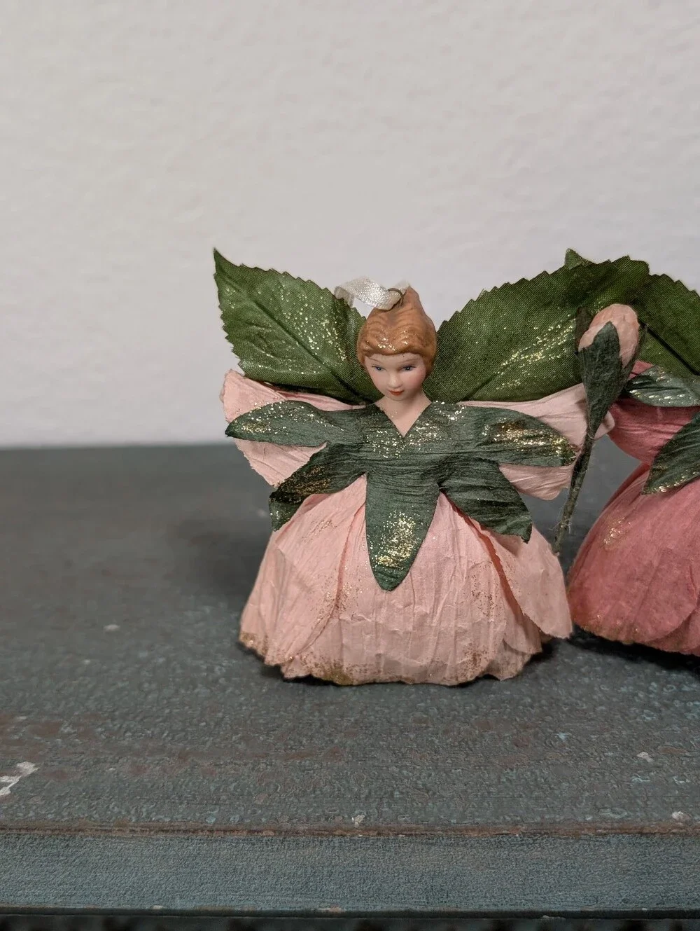 Set of 3 Flower Fairy Doll Ornaments Paper-Crepe Wings Cottagecore Cotton Body
